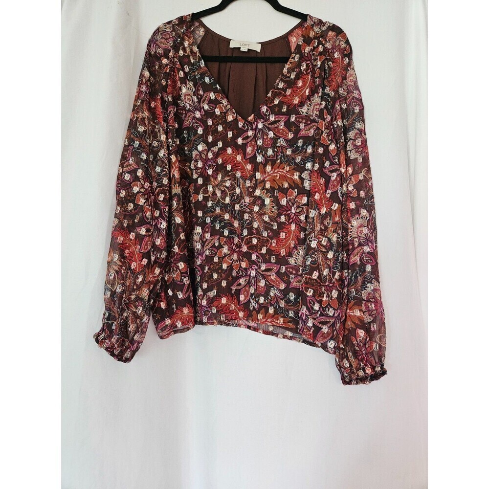 Loft Burgundy Floral Metallic Long Sleeve Blouse‎ Size XL
